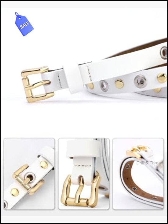 Womens Skinny Belt with Grommets Leather Gold Buckle main image 3